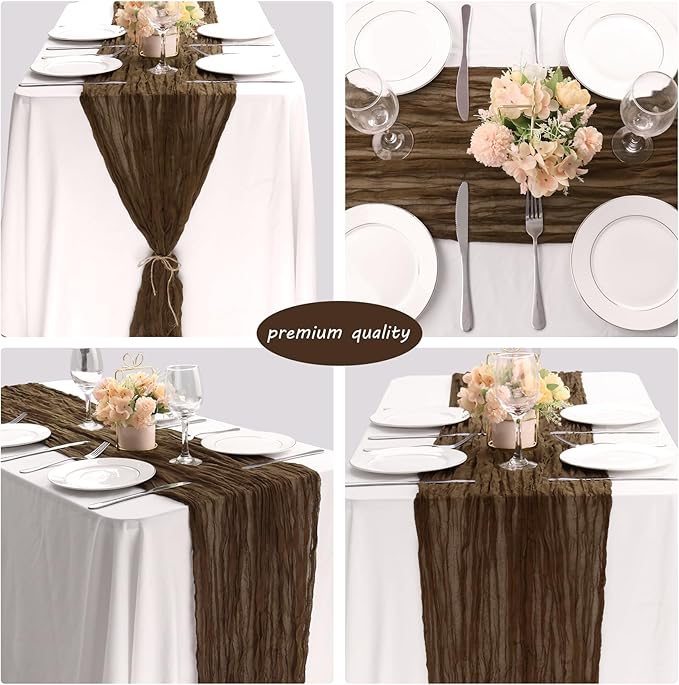Fivenl 12 Pack Brown Boho Rustic Cheesecloth Table Runner 35x72 Inch Romantic Vintage Gauze Table Runner for Wedding Bridal Shower Birthday Party Table Decor