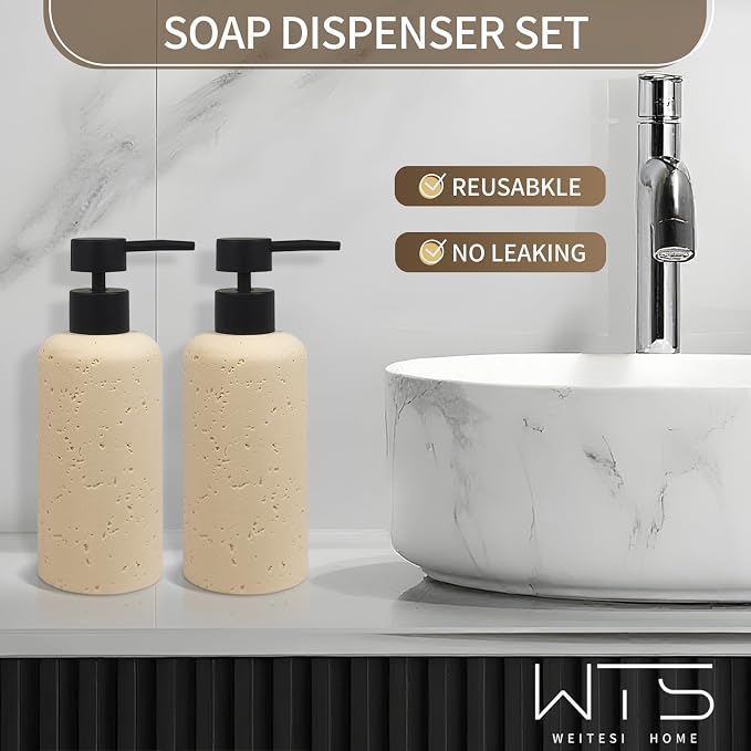2 PCS Resin Soap Dispensers 11oz, Refillable Luxurious Hand Dish Lotion Shampoo Soap Dispenser Jar with Rust Proof Pump 340ml, Travertine Soap Pump Bottle for Kitchen Bathroom Countertop (Cream)