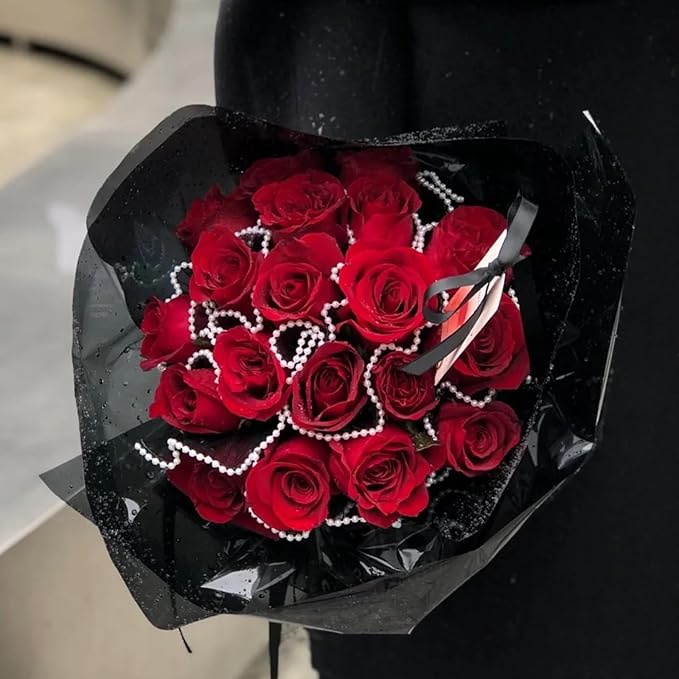 JXITON 4.37 Yards Black Flower Wrapping Mesh Paper, Pearl Edge Bouquet Packaging Paper Wrinkled Flower Bouquet Packing for Floral Arrangement Valentine's Day Mother's Day Wedding Florist Supplies