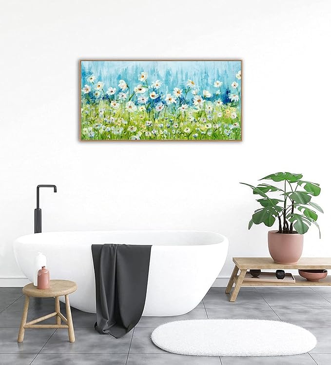 Framed Wall Art Wildflowers Canvas Pictures Living Room Wall Decor Abstract White Daisy Floral Prints Spring Landscape Painting Green Grass Artwork for Bedroom Kitchen Home Office Decor 20"x40"