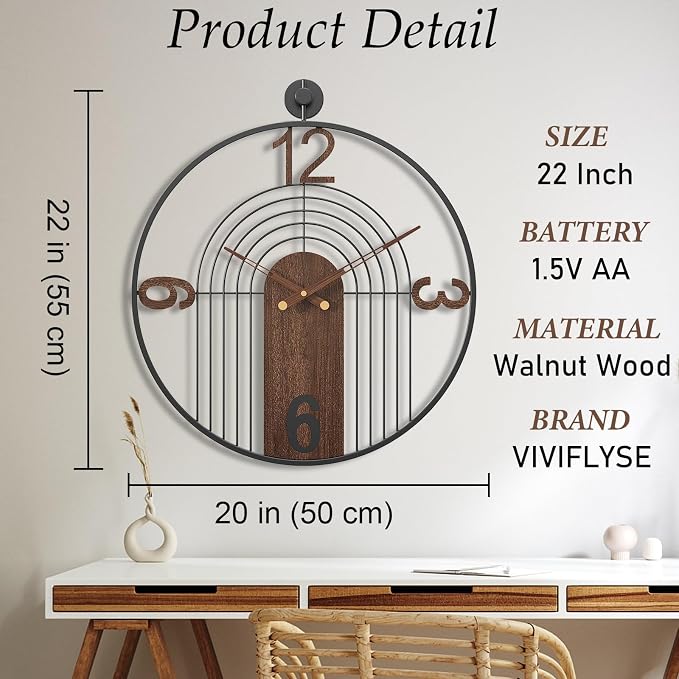 Modern Large Walnut Dial Wall Clock, Wood Metal Frame Silent Non Ticking Wall Clocks Decoration for Living Room, Bedroom, Kitchen, Study, Handmade Home Decor Present Idea, 22 Inch