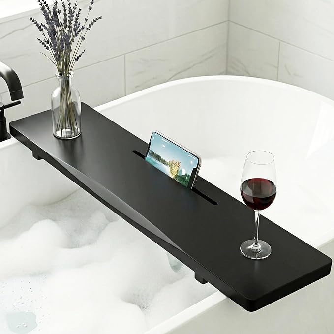 Elegant Black Bamboo Bathtub Tray Caddy for Freestanding Tub, 35" L Adjustable Bath Tray for Tub, Luxury Spa Bathroom Tray Organizer Table, Bath Tub Accessories for Women, Housewarming, Birthday Gifts