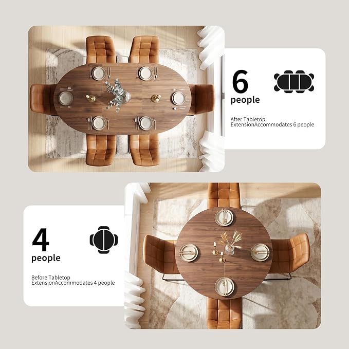 HIPIHOM Modern Round Expandable Dining Table Set for 6, 43.3"-59" Walnut Kitchen Table with 6 PU Leather Chairs, 7-Piece Mid-Century Dining Room Set