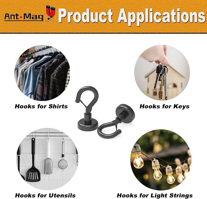 Ant Mag Black Magnetic Hooks Heavy Duty with Snap 22lbs Strong Magnet Hooks Great Hanging for Refrigerator, Cruise Cabin, Grill, Wreath,Kitchen,Office 16 Pack