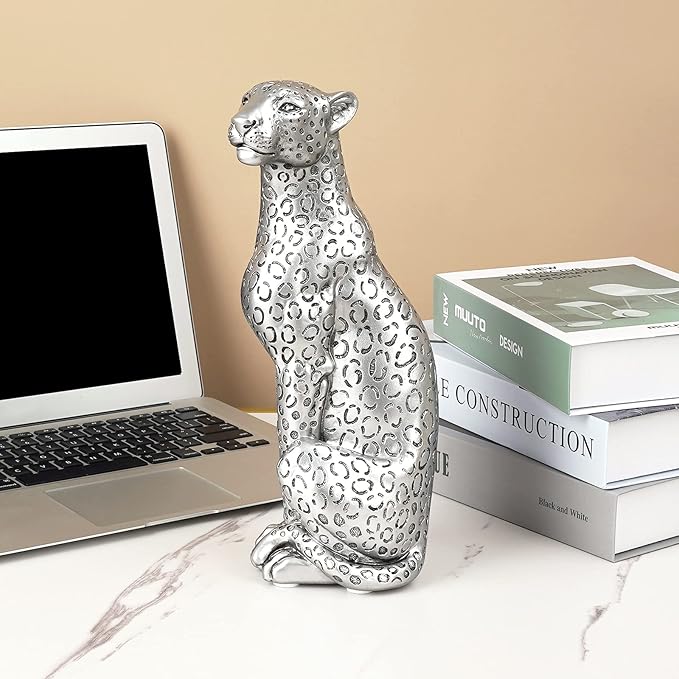 Cheetah Statue Home Decor Leopard Sculpture Resin Sitting Cheetah Figurine Desktop Table Top Ornament Decoration for Home Office Silver