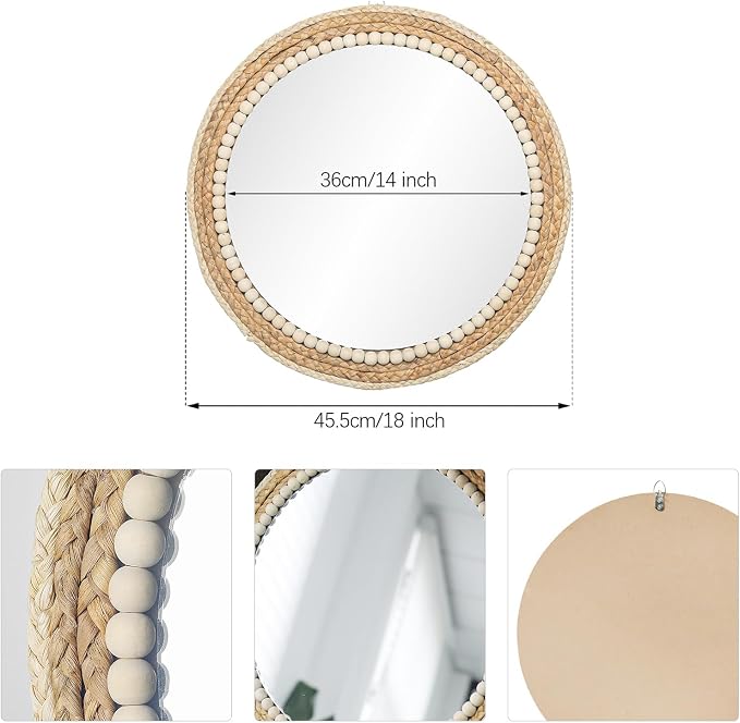 18 Inch Boho Round Hanging Wall Mirror Decorative Rattan Circle Mirrors for Farmhouse, Living Room, Bedroom