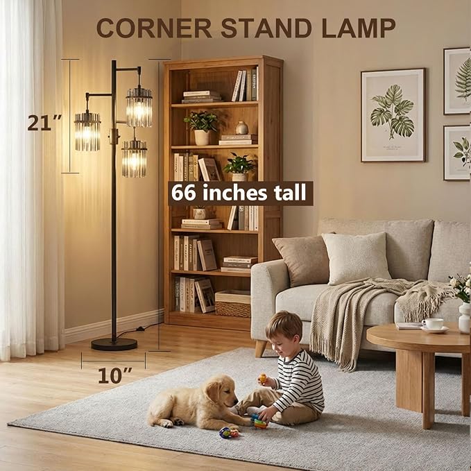 Industrial Floor Lamps for Living Room, Dimmable Floor Lamp Modern Standing Lamps with Glass Lampshade, Rotary Switch, LED Bulbs, Tall Lamps for Bedroom, Office (3 Lampshades(66inch))