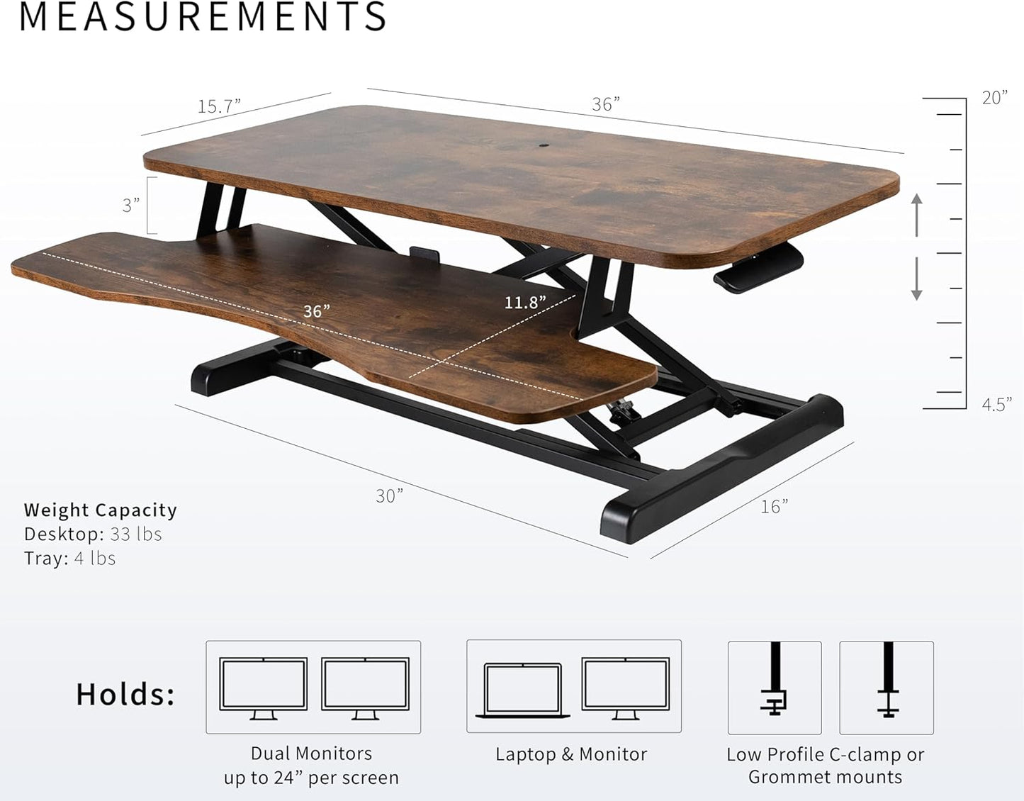 VIVO Height Adjustable Desk Converter - 36 Inch Sit to Stand Riser for Dual Monitors | Rustic Brown Top, Black Frame