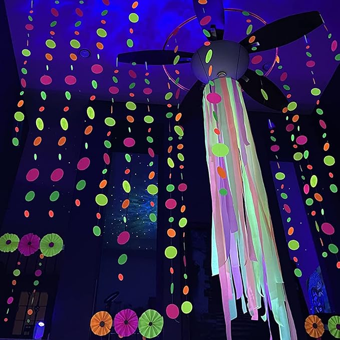 110feet UV Round Dot Paper Neon Garland Streamers Black Light Neon Decorations for Dark Glow Party UV Reactive Glow in The Dark Party Supplies Wedding Birthday Banner Decoration
