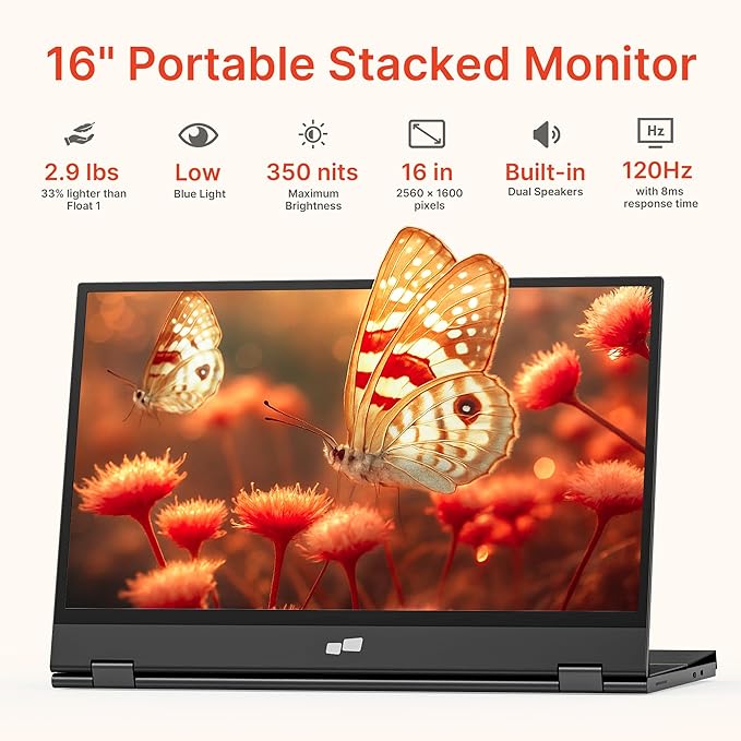 Portable Monitor - Mobile Pixels Duex Float 2.0 Pro 16-inch 2.5K Laptop Monitors, New Stacked Monitor for 15-16-inch Laptops. Built-in Dual Speakers, USB C/HDMI, Window/Mac/PC/Android Compatible