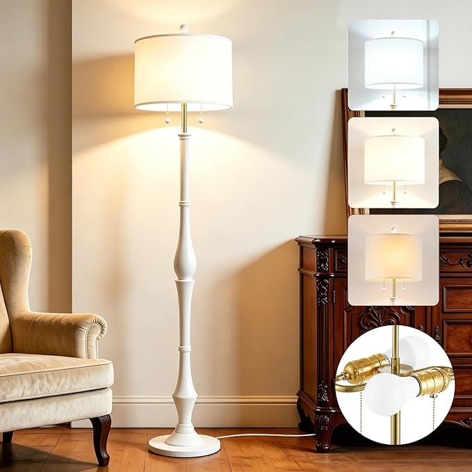 67.5'' Rustic Wooden Floor Lamp with Linen Shade, Farmhouse Floor Lamp for Living Room, Bedroom & Reading Nook, 3-Color Adjustable Tall Lamp with Pull Chain (White)