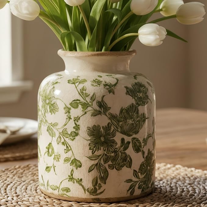 Vintage Green Crackle Glaze Ceramic Flower Vase, 6” Small Rustic Pottery-Style Decorative Vase with Distressed Beige Rim, Farmhouse Cottage Tabletop & Mantel Home Decor