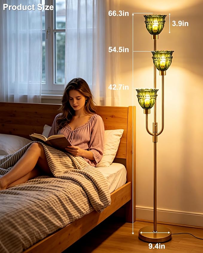 Lightdot 66IN 3-Lights Modern Glass Floor Lamp Gold Dimmable Floor Lamps with 3000K Warm White Bulbs for Wedding Party Tall Standing Lamp with Green Glass Shade for Living Room/Bedroom/Home Decor