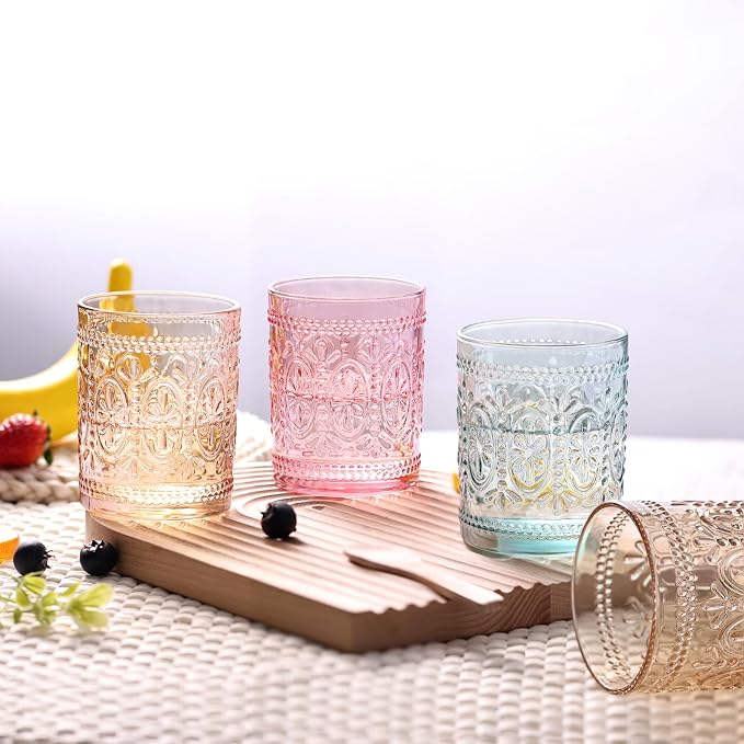 abrwyy Amber Glassware set of 4, Vintage Drinking Glasses, 10oz Heavy Duty Glass Cups, Colored Glassware Set, Embossed Glasses Set for Party Wedding Home Office Gift