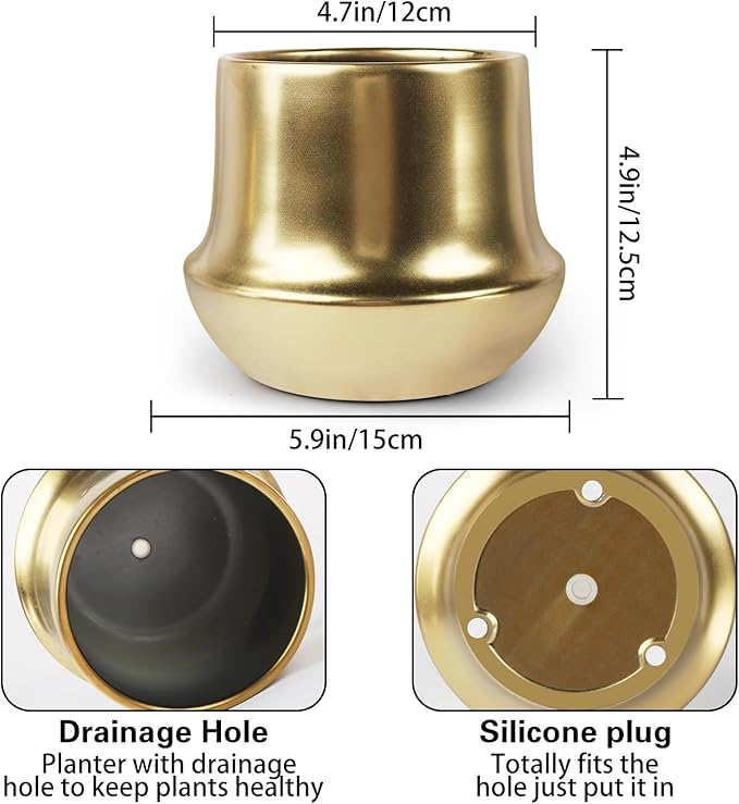 Brass Gold Plant Pot Indoor Planter Small Flower Pot 6 inch Ceramic Plant Flower Pot Container Decorative Gold Pots for All House Plants ,Succulents,Flowers and Cactus, Small 5.9‘’