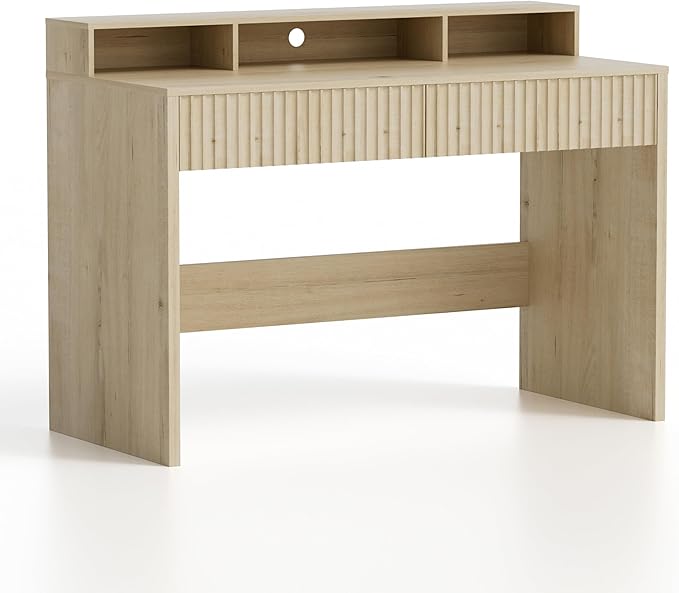 47" Executive Desk with Fluted Drawer, Modern Home Office Desk with Long Monitor Stand and 2 Drawers, Computer Writing Desk for Study Office Vanity, Light Oak