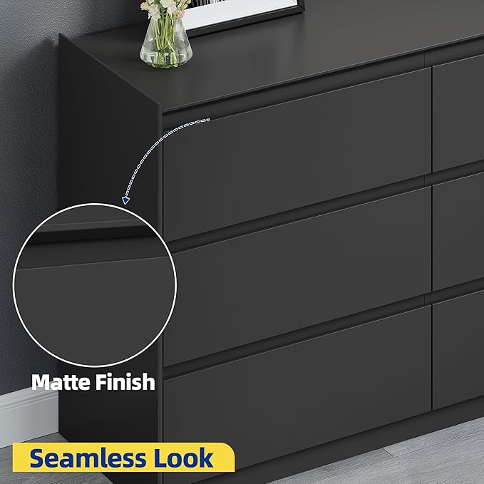 Black Dresser for Bedroom, 47" Wide Chest of Drawers, Simply Modern 6 Drawer Storage Organizer for Closet, Hallway, or Living Room