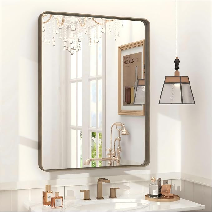 24x32 Bronze Bathroom Mirror, Rounded Rectangle Bronze Frame Mirror, Brushed Bronze Bathroom Vanity Mirror Wall-Mounted, Anti-Rust, Hangs Horizontally or Vertically