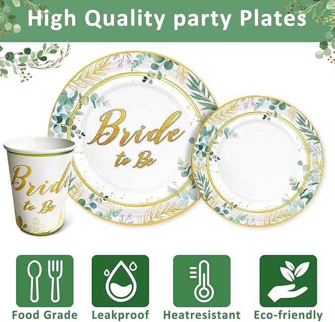 Sage Green Bridal Shower Plates and Napkins Kit, Bride to Be Eucalyptus Bachelorette Party Decorations Supplies for Bridal Shower Party Birthday Sage Green Favors Party Decor Service 24 Guests
