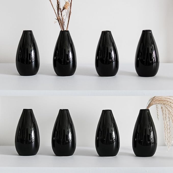 Modern Black Small Ceramic Vase Set of 8 for Living Room Bedroom 4.13'' Minimalist Fresh Flower Vases for Home Decor Office Fireplace Centerpieces Nordic Style Gift for Fake Plant 8 Pack