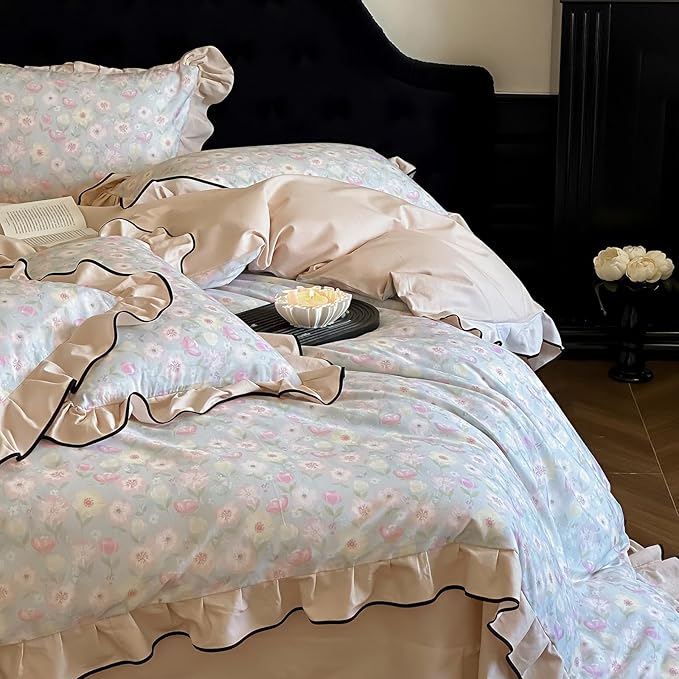 HighBuy Pink Floral Lace Duvet Cover Twin Size,Brushed Cotton Soft Coquette Ruffle Flower Bedding Duvet Cover Set,Blue White Ruffled Shabby Chic Farmhouse Duvet Cover and Pillow Shams,- Twin