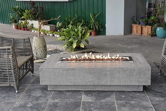Elementi | Hampton Gas Fire Pit Cast Concrete 56" Rectangular Fire Table, Outdoor Fire Pit Electronic Ignition | Canvas Cover, Lava Rock Included | Light Gray (Propane Gas)