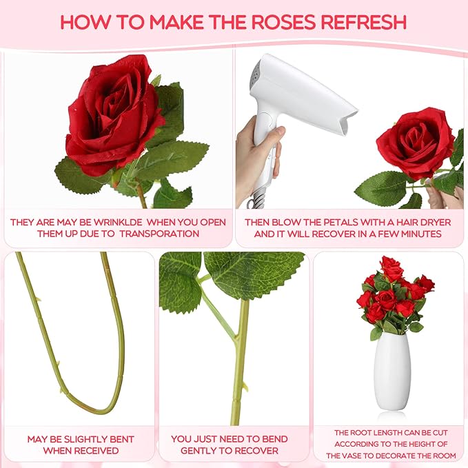 Jexine 50 Pcs Artificial Rose Flower Bulk Realistic Silk Fake Roses with Long Stem Plastic Artificial Flower Bouquet Real Looking for Home Wedding Centerpieces Party Decoration(Red)