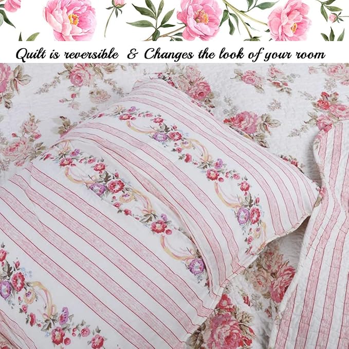 Cozy Line Home Fashions Romantic Pink Peony Floral 100% Cotton Reversible Quilt Bedding Set, Coverlet, Bedspread (Pink Peony, Queen - 3 Piece)