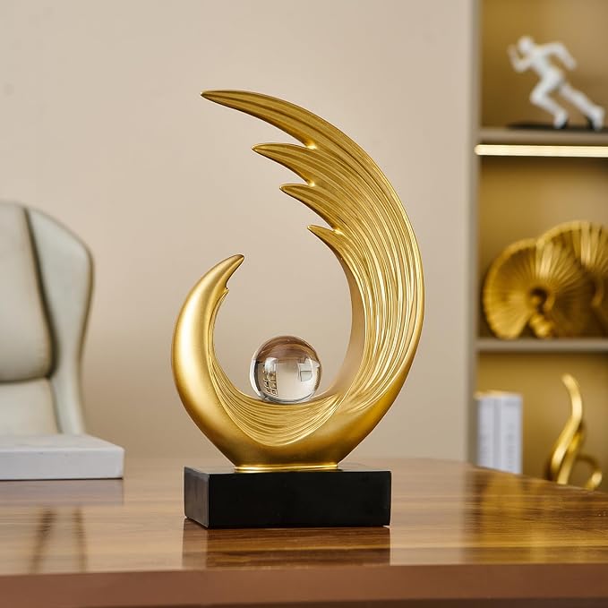 FJS Gold Modern Art Statue Decor, Coffee Table Bookshelf Shelf Decor Accents, Abstract Feather Sculpture Decorations for Dining Room Living Room Office