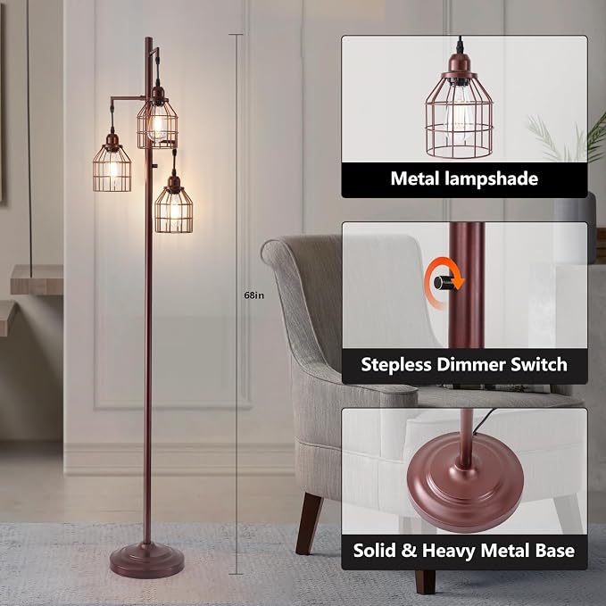 9MMML Floor Lamp for Living Room, Farmhouse Industrial Dimmable Floor lamp, 3 Lights Metal Cage Tree Standing Lamp,68", 3Pcs LED Bulbs Included