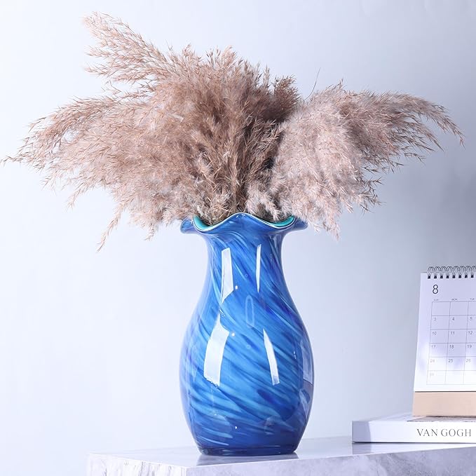 10.6in Hand Blown Blue Glass Vase – Wide Mouth Murano Bubble Art Glass Vase, Cobalt Blue Flower Vase for Coastal, Vintage, Colorful Home Decor, Vase Gift for Mom or Display (Blue)