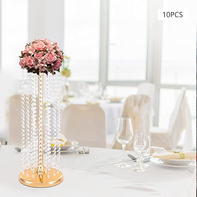 10 Pcs 23.6In Tall Crystal Flower Vase, Acrylic Crystal Flower Vases Metal Flower Stand for Wedding Reception and Event Centerpieces 9.4 x 9.4 x 23.6 Inch Gold