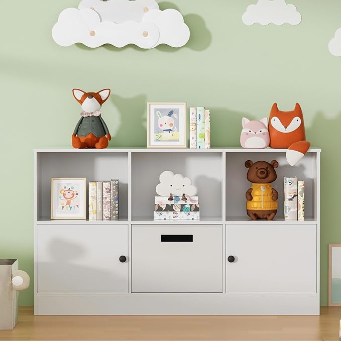 2-Tier Open Bookcase with 2 Doors, 6-Cube Wooden Bookshelf with Fabric Drawer, Floor Standing Display Cabinet Organizer, Kids Open Shelf Low Bookcase for Living Room, Bedroom, Office, White