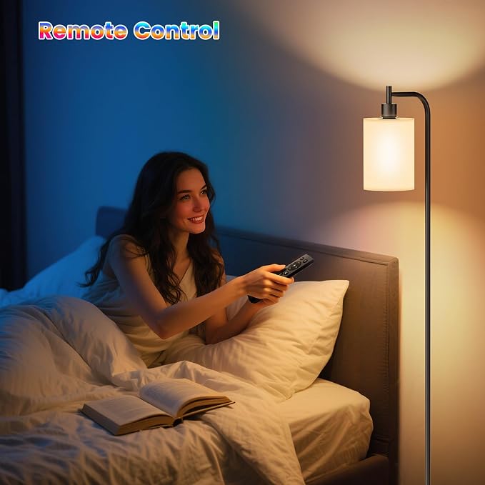 SIBRILLE RGB Floor Lamp with Linen Shade, Dimmable Tall Standing Lamp with Remote Control, Color Changing Floor Lamps for Living Room Bedroom Gaming Room, 9W RGB Bulb Included