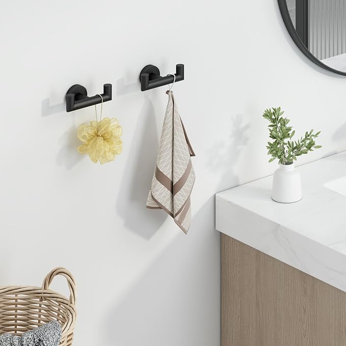 Angle Simple Double Towel Hook Matte Black 2 PCS, SUS304 Stainless Steel Bathroom Robe Hook, Hand Towel Holder for Wall