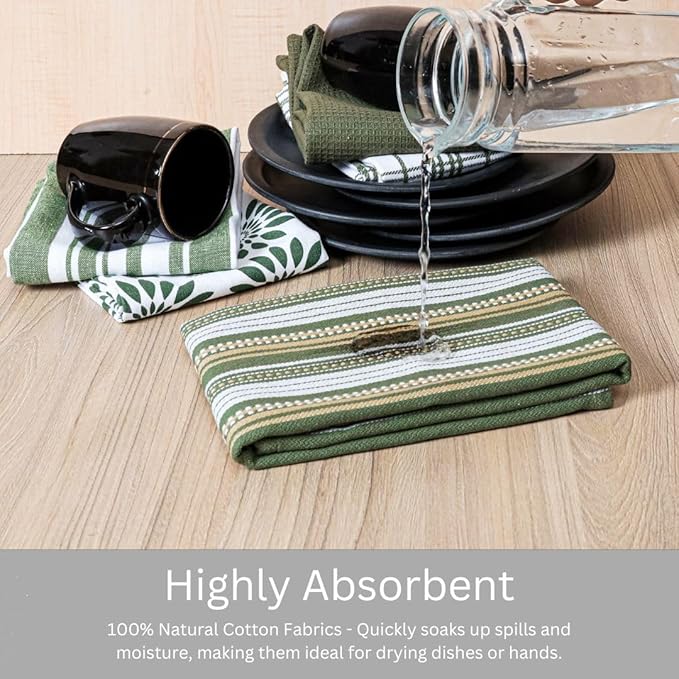 WeWove Assorted Kitchen Towels Set of 5-100% Cotton Dish Cloths Towels with Hanging Loop - Soft Absorbent Washable Reusable for Kitchen Use - Quick Drying 16x26 inch Dish Towels Green