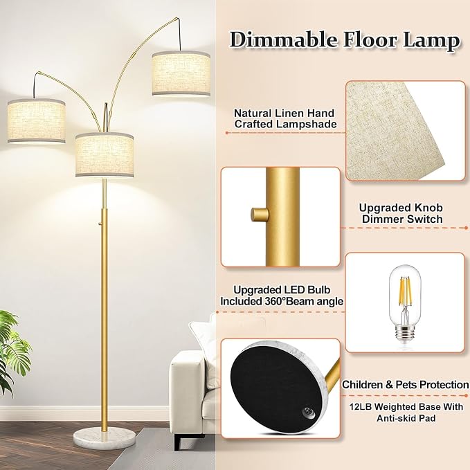 Dimmable 3 Lights Arc Floor Lamp, Modern Tall Standing Tree Lamp with Gold Pole, White Linen Shades & Solid Marble Base, 3000LM Warm White LED Bulbs, Elegant Lighting for Living Room, Bedroom & Office