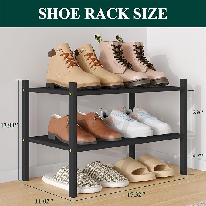 Smiry Small Bamboo Shoe Rack 2-Tier, Stackable Wooden Shoe Organizer for Entryway & Closet, Free Standing Wood Shoe Storage Shelf for Front Door & Small Spaces, Black