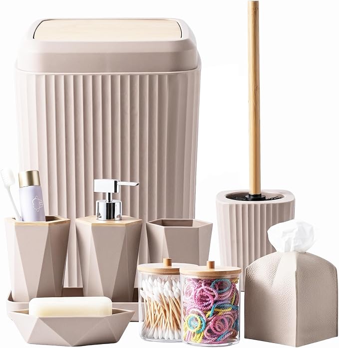Beige Bathroom Accessories Set, 10 Pieces Bamboo Bathroom Set with Trash Can, Tray, Soap Dispenser, Soap Dish, Toothbrush Holder, Toothbrush Cup, Tissue Holder, Toilet Brush and Qtip Holders
