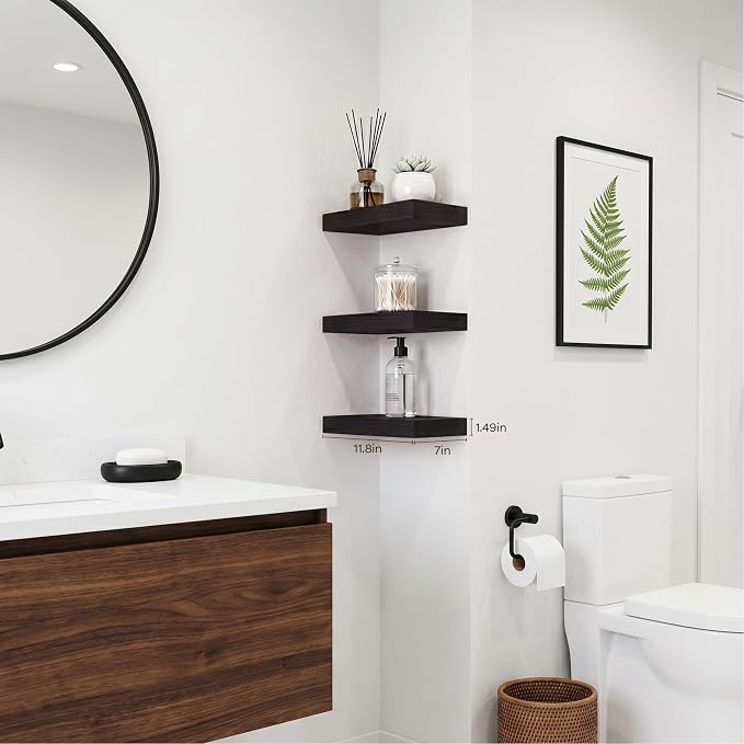 Black Floating Shelves for Wall Set of 3, 11.8 Inch Small Wall Shelves for Bathroom Over Toilet, Home Office & Bedroom Storage, Wall Mounted Shelf Set for Decor, Books & Collectibles