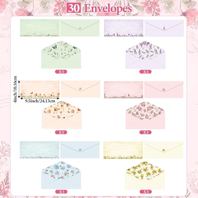 Funrous 90 Pcs Stationary Paper and Envelopes Set, Christmas 60 Sheets Floral Letter Paper and 30 Envelopes, 8.5 x 11 Inch Lined Writing Sheet for Wedding Religious Xmas Party Invitation Gift Decor