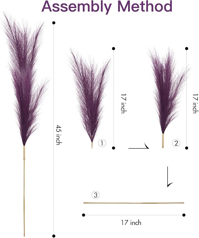 9 Pcs 45" Tall Pampas Grass Purple Decor, Long Stem Artificial Flower Floor Vase Large Faux Floral Pompas Fake Plants Dried Bouquet Arrangement Vase Filler for Boho Home Wedding Decoration
