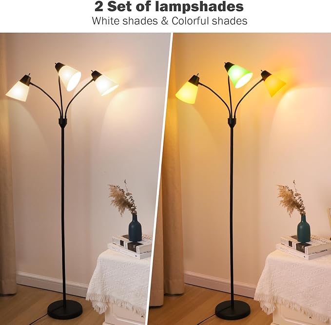 FOLKSMATE 3-Light Floor Lamp, LED Medusa Muiti-Head Adjustable Arc Standing Lamp, Tree Tall Light for Living Room, Kid Room, Bedroom, Black