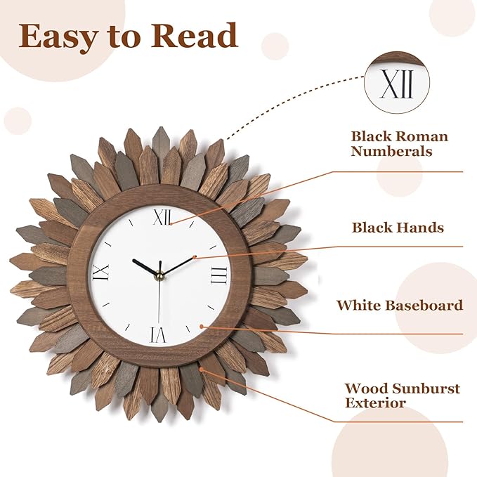 Honiway 14 Inch Wall Clocks Battery Operated Silent Non Ticking Rustic Wood Boho Sunburst Decorative Wall Clock for Living Room Kitchen Bedroom Farmhouse Office Decor (Tricolor-Roman Numerals)
