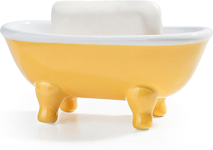 5.7" Ceramic Mini Clawfoot Bathtub Bar Soap Dish, Decorative Bar Soap Holder for Shower, Bathroom & Kitchen Sink (Yellow)