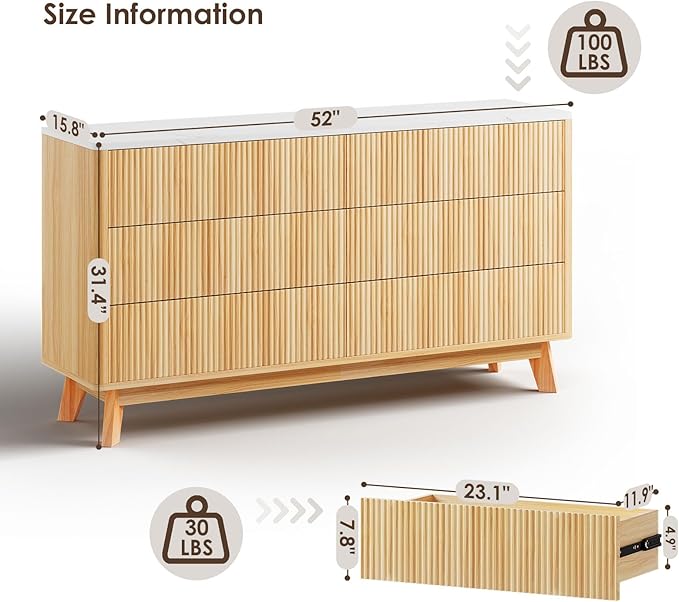 Fluted 6 Drawers Dresser for Bedroom,52" Wide Handleless Chest of Drawers with Faux Marble Top, Wooden Dresser TV Stand, Wood Drawer Organizer for Living Room, Hallway, Natural Oak