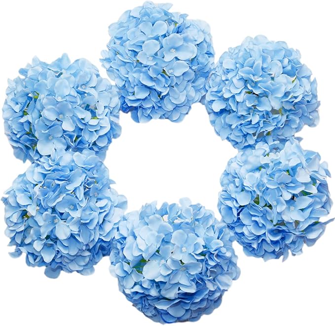 DuHouse Artificial Hydrangea Silk Flower Heads with Stem Fake Blue Hydrangea Bigger Flowers for Wedding Home Garden Centerpiece Pack of 6