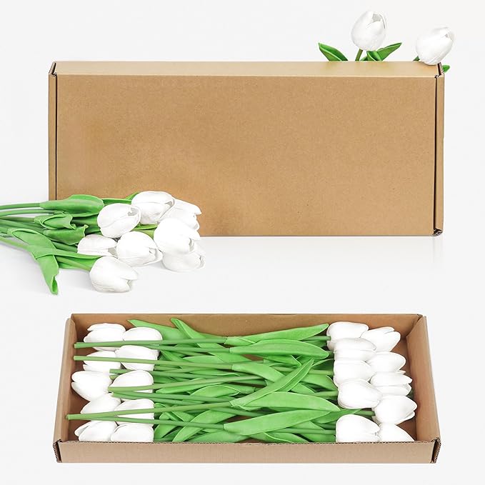 20 Pcs Fake Tulips Artificial Flowers 13" White Faux Flowers Real Touch PU Tulips Bouquet for Floral Arrangement Home Kitchen Table Wedding Decorations
