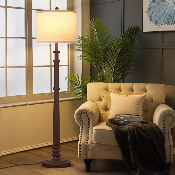 Floor Lamps for Living Room - 60" Resin Farmhouse Floor Lamp with Adjustable Color Temperatures - Vintage Standing Lamp Reading Light with Linen Shade Tall Lamp for Bedroom Office, Reddish Brown