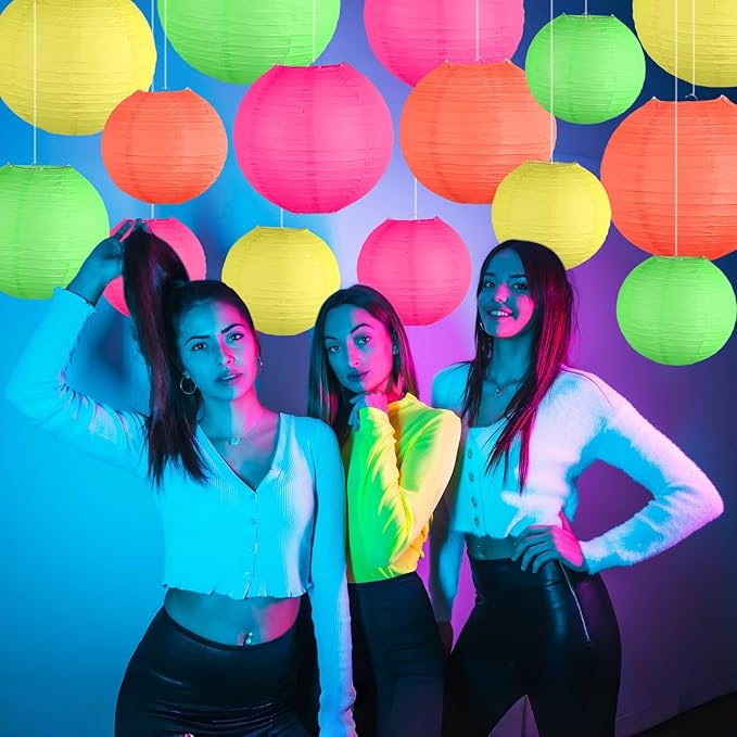 Glow in The Dark Party Supplies, Neon Party Decorations, Colorful Round Hanging Paper Lanterns Decorations for Neon Themed Birthday Wedding Baby Shower Home and Bar Decor, 15Pcs